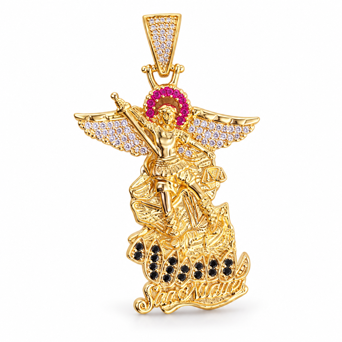 Dije San Miguel Arcángel con piedras rosa sin cadena