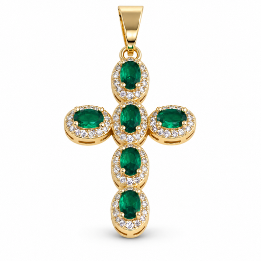Dije Cruz de seis piedras verdes sin cadena