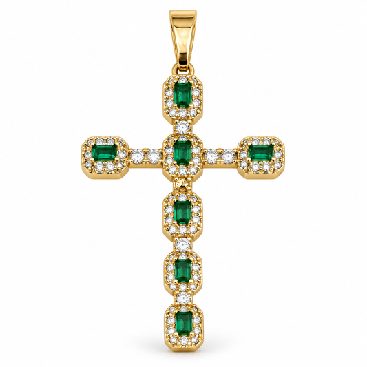 Dije Cruz de siete piedras verdes sin cadena