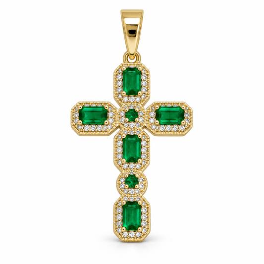 Dije Cruz de piedras verdes rectangulares sin cadena