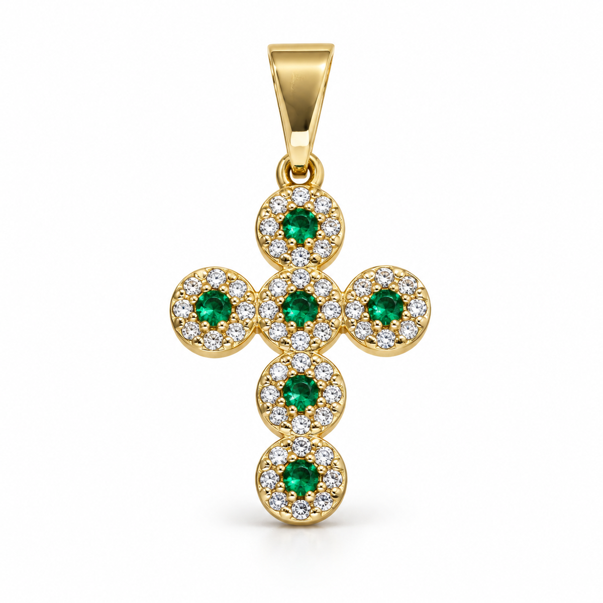 Dije Cruz pequeña de seis piedras verdes sin cadena