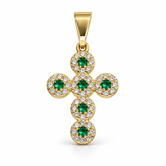 Dije Cruz pequeña de seis piedras verdes sin cadena