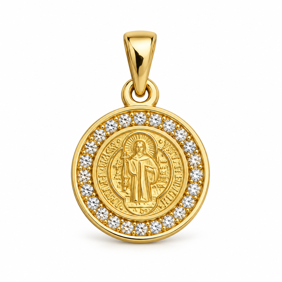 Dije Medalla San Benito con circones blancos sin cadena