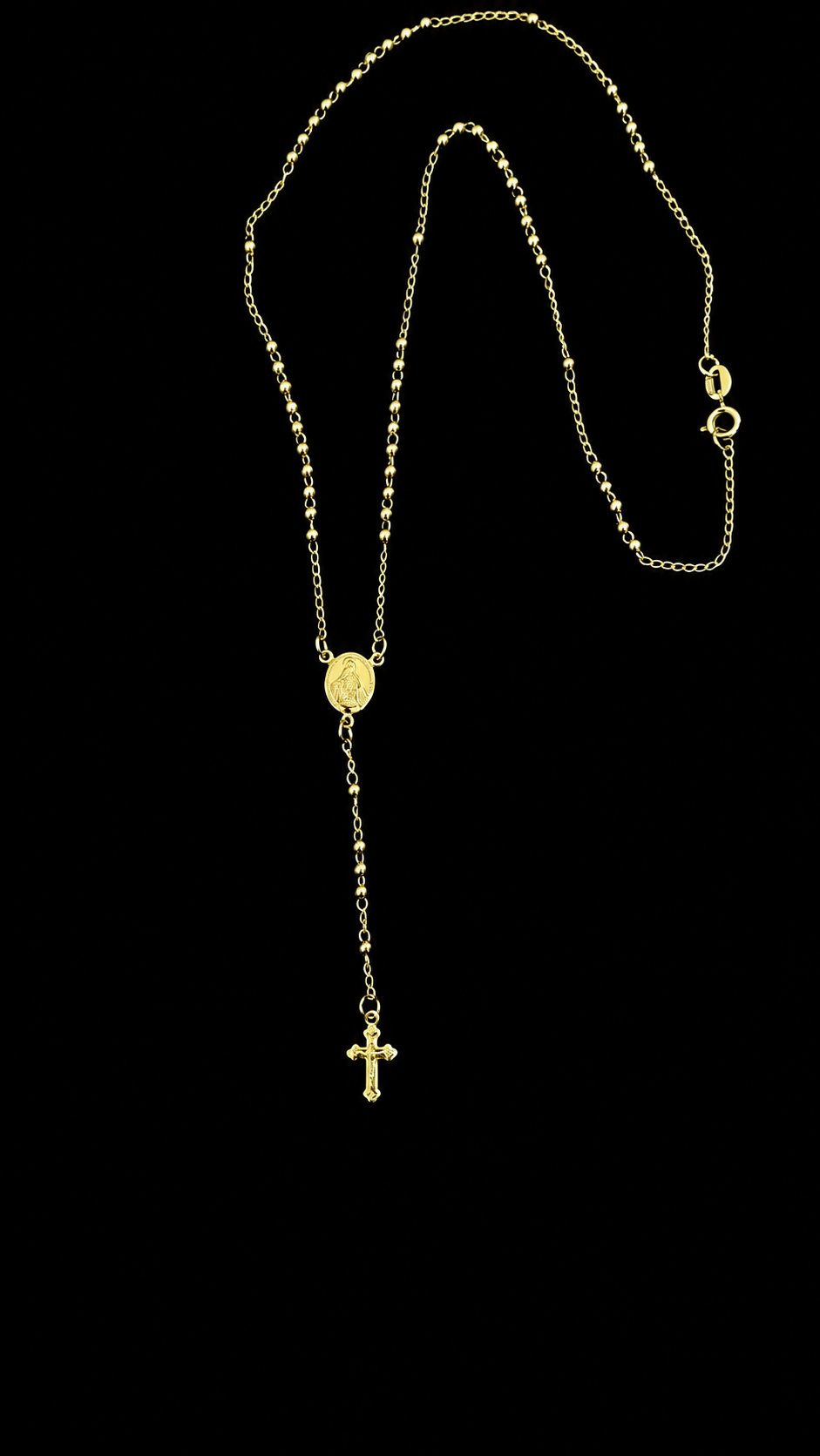 Camándula Virgen Milagrosa dorada con balines y cruz, 45 cm