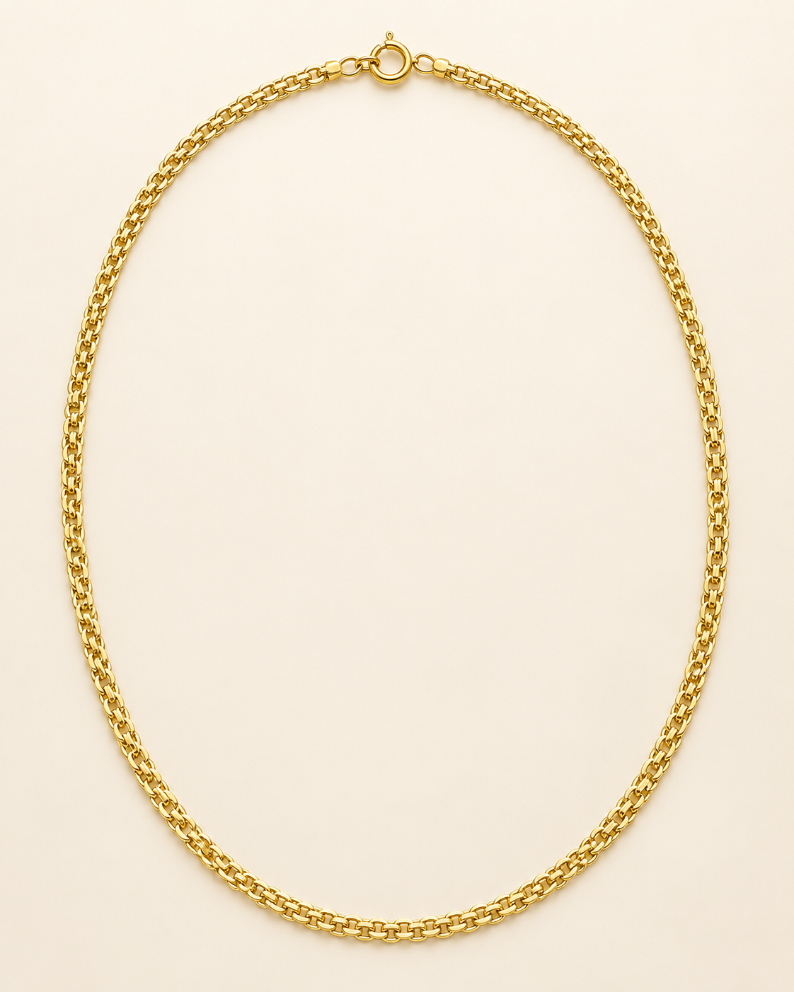 Vista completa ilustrativa de cadena Chinesca de 45 cm y 2 mm en oro laminado 18K