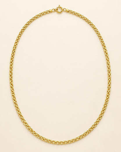 Vista completa ilustrativa de cadena Chinesca de 45 cm y 2 mm en oro laminado 18K