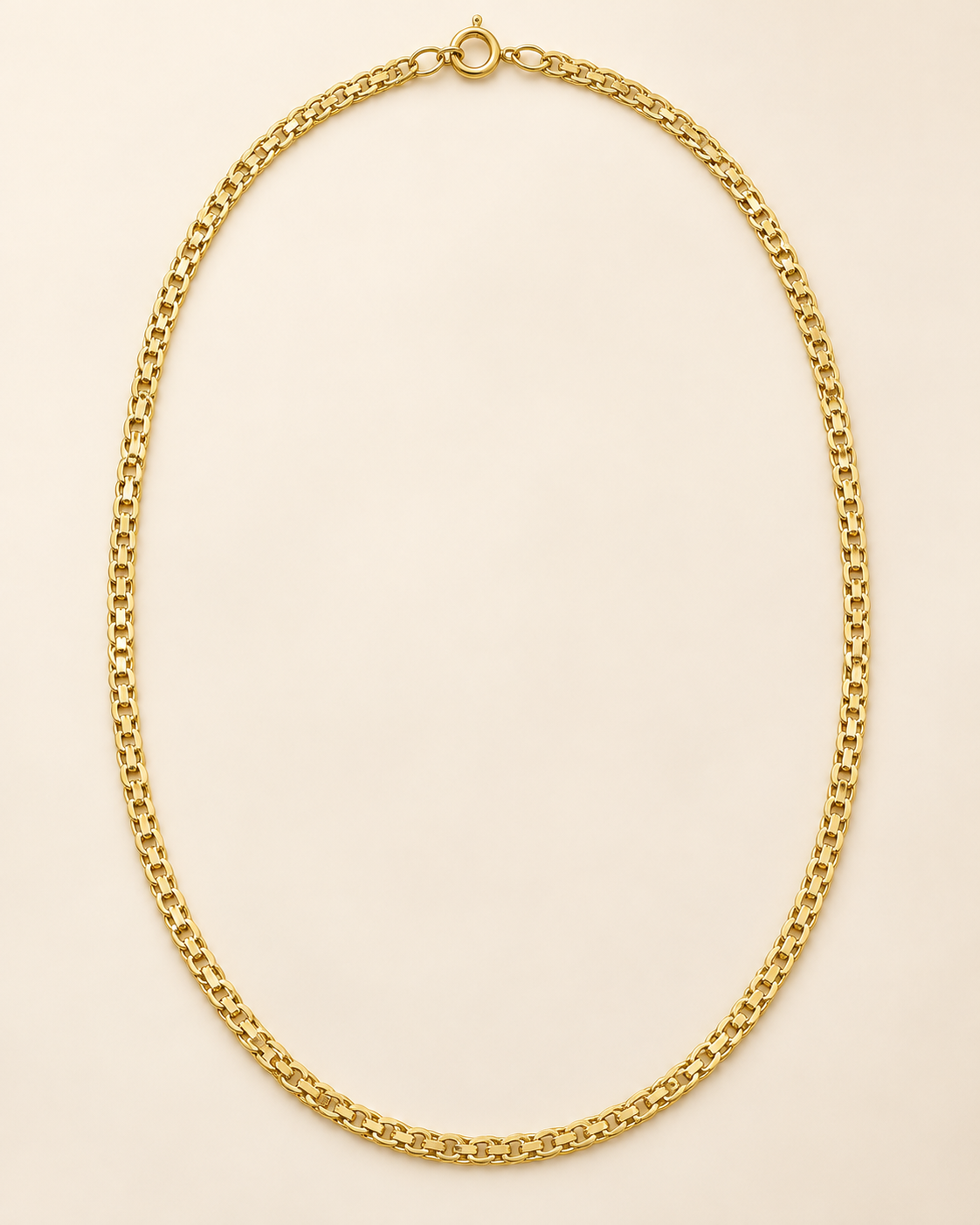 Vista completa ilustrativa de cadena Bismark de 60 cm y 2 mm en oro laminado 18K