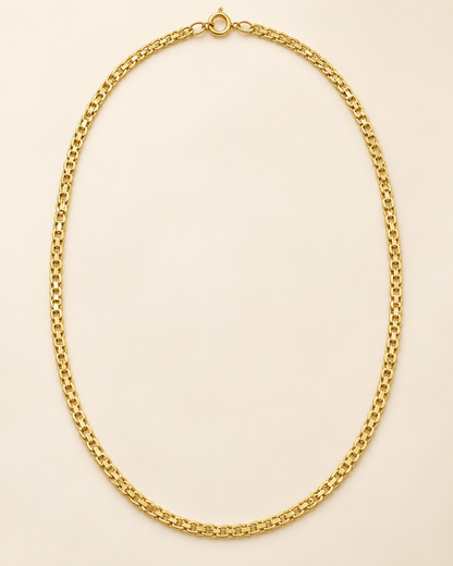 Vista completa ilustrativa de cadena Bismark de 60 cm y 2 mm en oro laminado 18K