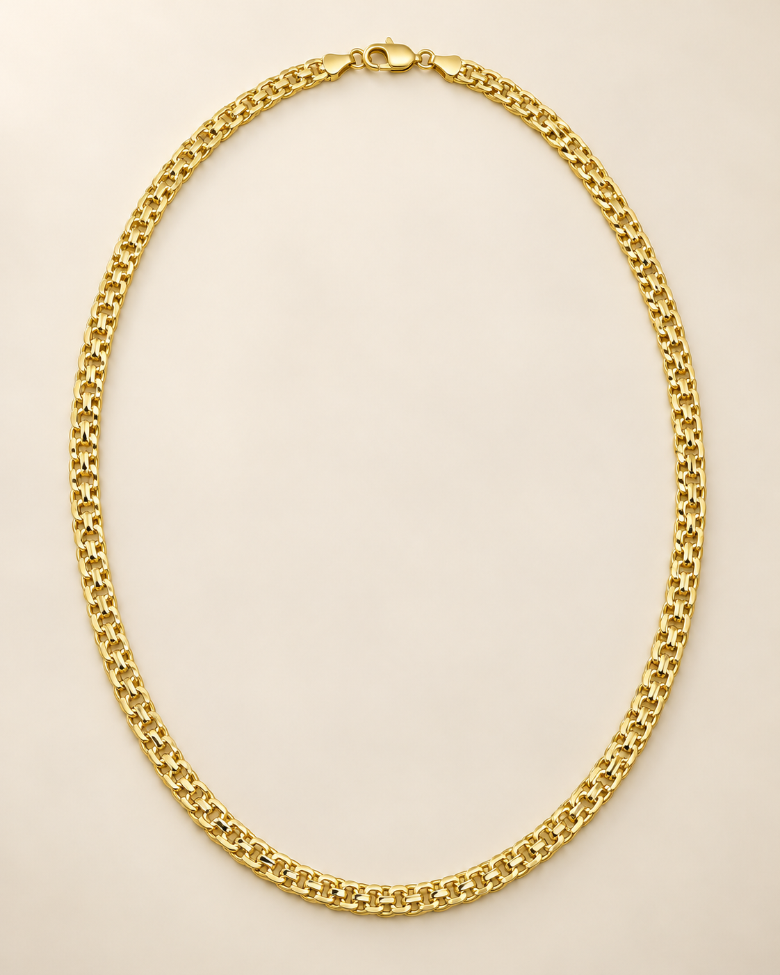 Vista completa ilustrativa de cadena Bismark de 60 cm y 3 mm en oro laminado 18K