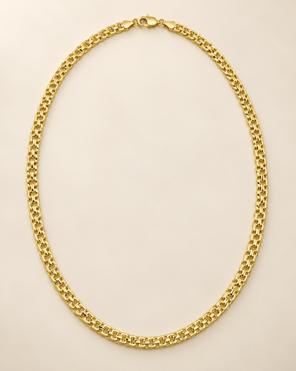 Vista completa ilustrativa de cadena Bismark de 60 cm y 3 mm en oro laminado 18K