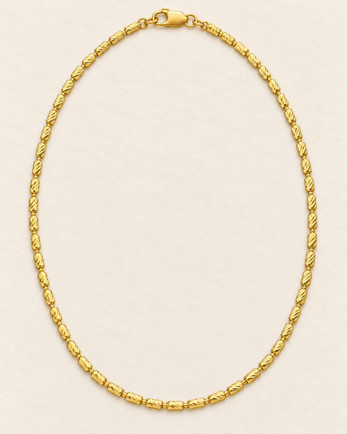 Vista completa ilustrativa de cadena Barril de 65 cm y 3 mm en oro laminado 18K