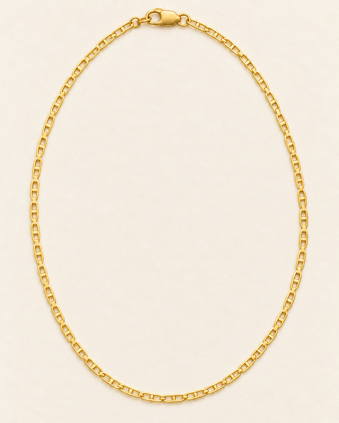 Vista completa ilustrativa de cadena Banana de 65 cm y 2.5 mm en oro laminado 18K