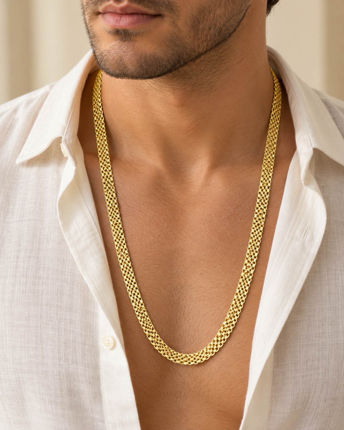 Vista sobre modelo ilustrativa de cadena Tejido chino doble carril de 65 cm y 6 mm en oro laminado 18K