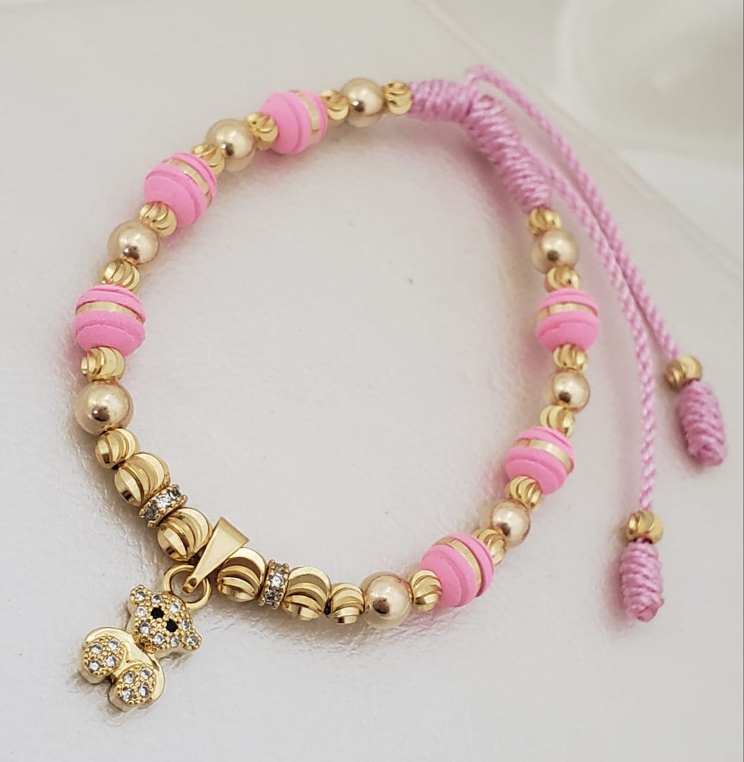 Brazalete  con dije de oso, elaborada con neopreno 6 mm, Balin liso 5 mm, Balin italiano 5, 4 mm y mini rondel
